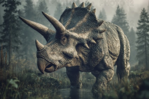 A dinosaur, Ceratopsidae, stands in a primeval landscape, AI generated, AI generated