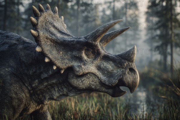 Close-up of a dinosaur, Ceratopsidae, standing in a primeval landscape, AI generated, AI generated