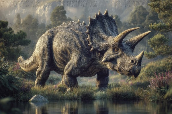 A dinosaur, Ceratopsidae, stands in a primeval landscape, AI generated, AI generated