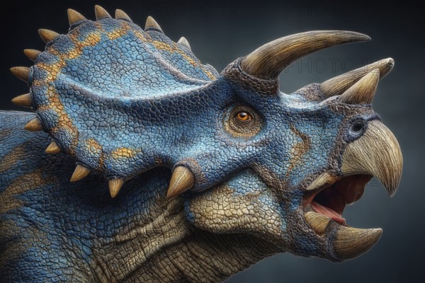 Portrait, close-up of a dinosaur, Ceratopsidae with fictitious colouring, AI generated