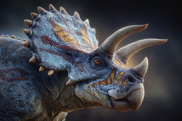 Portrait, close-up of a dinosaur, Ceratopsidae with fictitious colouring, AI generated