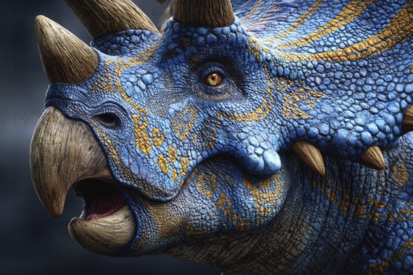 Portrait, close-up of a dinosaur, Ceratopsidae with fictitious colouring, AI generated