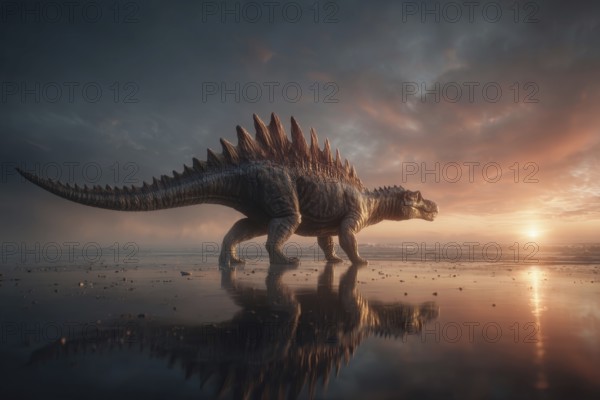 A dinosaur, spinosaur, spinosaurus, stands in a primeval landscape, AI generated