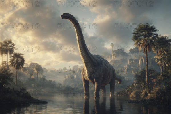 A dinosaur, brontosaurus, brontosaurus, in a primeval landscape, AI generated, AI generated