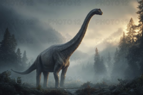 A dinosaur, brontosaurus, brontosaurus, in a primeval landscape, AI generated, AI generated