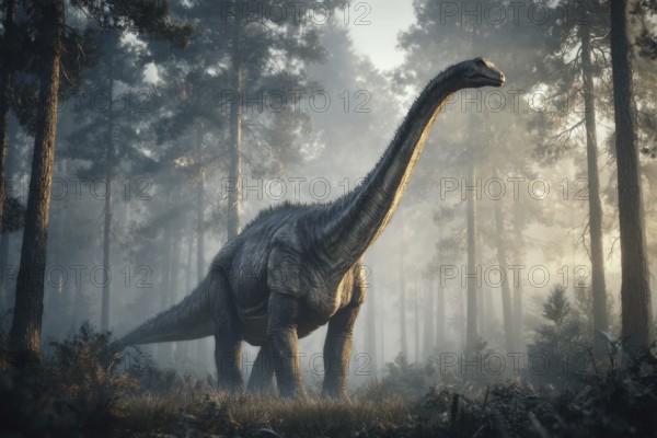A dinosaur, brontosaurus, brontosaurus, in a primeval landscape, AI generated, AI generated