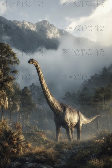 A dinosaur, brontosaurus, brontosaurus, in a primeval landscape, AI generated, AI generated