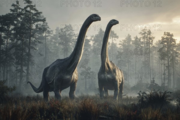 Two dinosaurs, Brontosaurus, Brontosaurus, in a primeval landscape, AI generated