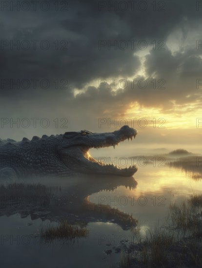 A crocodile rests in a swamp at sunset, AI generated, AI generated