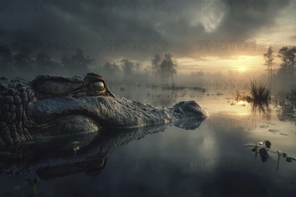 A crocodile rests in a swamp at sunset, AI generated, AI generated