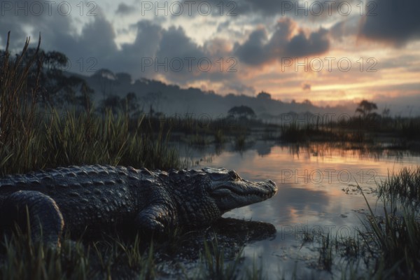 A crocodile rests in a swamp at sunset, AI generated, AI generated