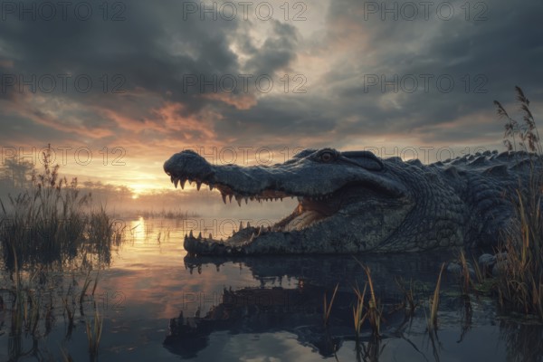 A crocodile rests in a swamp at sunset, AI generated, AI generated