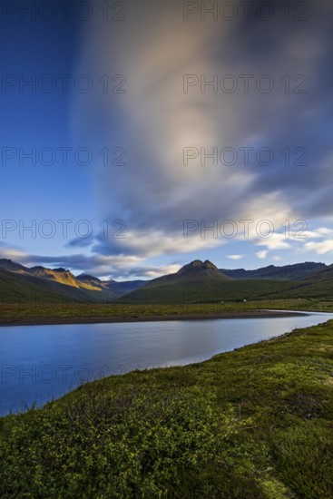 River, mountains, clouds, morning light, long exposure, summer, Stodvarfjördur, East Fjords, Iceland