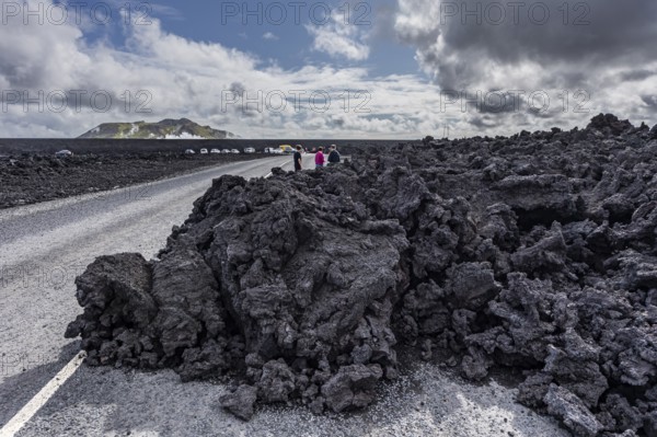 Lava, lava field, road, volcanic eruption, tourists, tourism, Sundhnúkur crater chain, Blue Lagoon, Reykjanes, Iceland