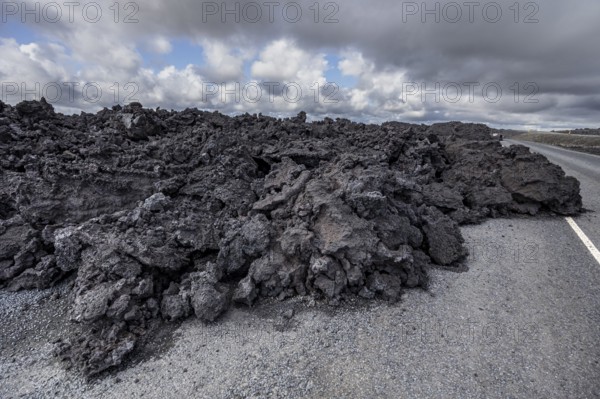 Lava, lava field, road, volcanic eruption, Sundhnúkur crater chain, Reykjanes, Iceland