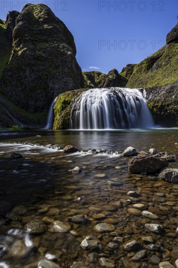 Waterfall, gorge, mountainous, sun, long exposure, river, Stjórnarfoss, Kirkjubaerklaustur, south-east Iceland, Iceland