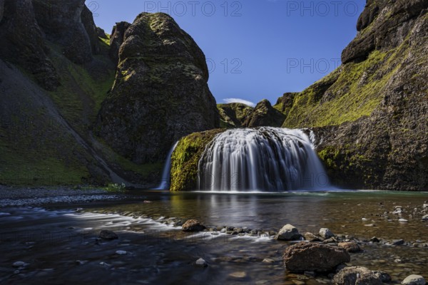 Waterfall, gorge, mountainous, sun, long exposure, river, Stjórnarfoss, Kirkjubaerklaustur, south-east Iceland, Iceland