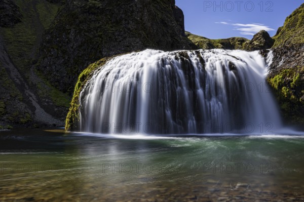 Waterfall, gorge, mountainous, sun, long exposure, river, Stjórnarfoss, Kirkjubaerklaustur, south-east Iceland, Iceland