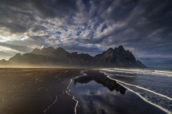 Mountains, mountain range, beach, sea, waves, surf, reflection, clouds, evening light, coast, summer, Vestrahorn, Stokksnes, Höfn, Iceland