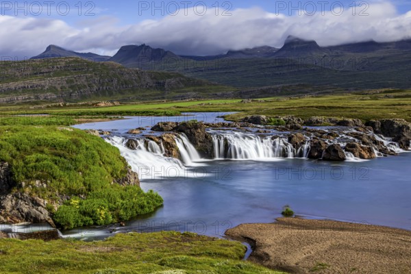 Waterfall, river, sunny, mountains, long exposure, summer, Beljandi, Breiddalsvik, East Fjords, Iceland