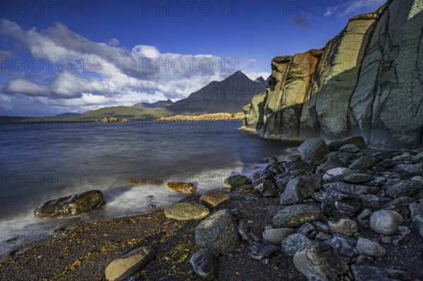 Sea, surf, beach, shore, cliff, mountains, clouds, morning light, long exposure, summer, Berufjördur, Blabjörg cliffs, Teigarhorn behind, East Fjords, Iceland