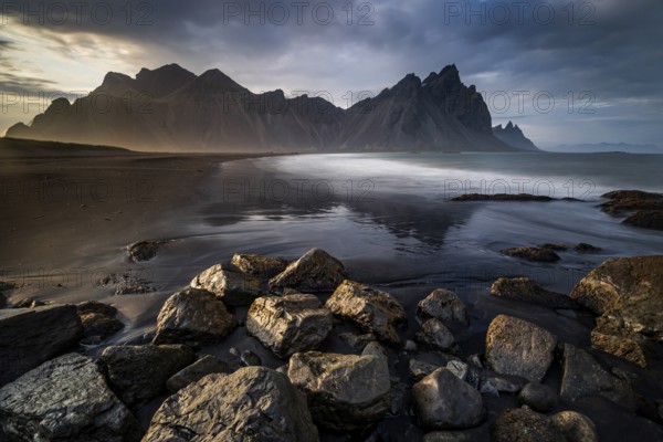 Mountains, mountain range, beach, sea, waves, surf, reflection, clouds, evening light, coast, summer, Vestrahorn, Stokksnes, Höfn, Iceland