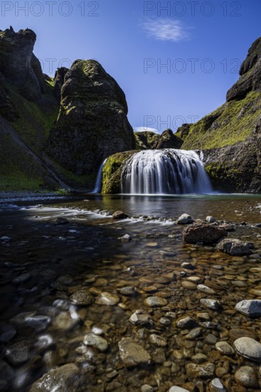 Waterfall, gorge, mountainous, sun, long exposure, river, Stjórnarfoss, Kirkjubaerklaustur, south-east Iceland, Iceland