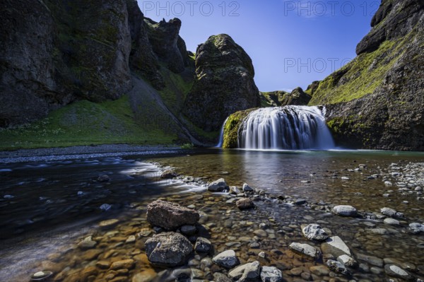 Waterfall, gorge, mountainous, sun, long exposure, river, Stjórnarfoss, Kirkjubaerklaustur, south-east Iceland, Iceland