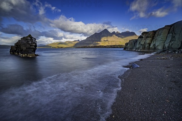 Sea, surf, beach, shore, cliff, mountains, clouds, morning light, long exposure, summer, Berufjördur, Blabjörg cliffs, Teigarhorn behind, East Fjords, Iceland