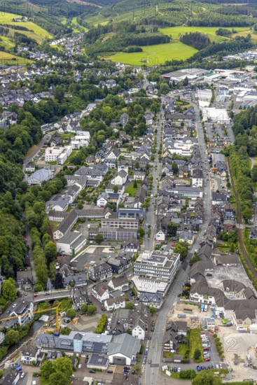 Aerial view, Johannes-Althusius-Gymnasium, local court and police station, St. Marien church, Poststraße federal road B480, community centre and market square, Bad Berleburg, Wittgensteiner Land, North Rhine-Westphalia, Germany, local court, architecture, federal road B480, community centre, building, court, infrastructure, institutions, church, cultural heritage, aerial view, market square, police, police station, Poststraße, school, places of interest, town, town planning, road network, tourism, traffic, centre, urban landscape, public facilities