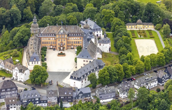 Aerial view, Berleburg Castle, residence castle of the Sayn-Wittgenstein family, orangery and cross garden, Bad Berleburg, Wittgensteiner Land, North Rhine-Westphalia, Germany, nobility, architecture, exterior shot, rows of trees, castle, monument, drone shot, elegance, Sayn-Wittgenstein family, building, history, green spaces, gardens, Kreuzgarten, culture, landscape, orangery, panorama, park, residential palace, sight, symmetry, tourism, surroundings, landmark, European, historical, royal, rural, picturesque