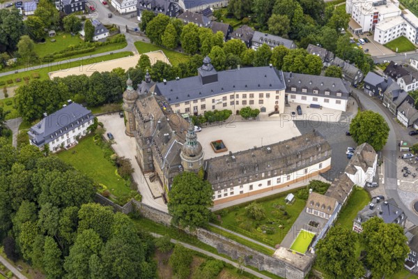 Aerial view, Schloss Berleburg, residence palace of the Sayn-Wittgenstein family, orangery and cross garden, water tank, Bad Berleburg, Wittgensteiner Land, North Rhine-Westphalia, Germany, aristocratic family, architecture, exterior view, rows of trees, recreation, Sayn-Wittgenstein family, gardens, history, green spaces, cross garden, landscape, nature, orangery, park, residential palace, castle, sight, structure, tourism, bird's eye view, landmark, European, well-kept, grand, historic buildings, cultural, rural, traditional