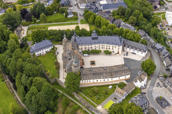 Aerial view, Schloss Berleburg, residential palace of the Sayn-Wittgenstein family, orangery and cross garden, water tank, Bad Berleburg, Wittgensteiner Land, North Rhine-Westphalia, Germany, nobility, architecture, elegance, Sayn-Wittgenstein family, building, green space, gardens, cross garden, landscape, landscape design, orangery, panorama, park, residential palace, palace complex, sight, summer, symmetry, daylight, tourism, bird's eye view, heritage-protected building, historic building, cultural heritage