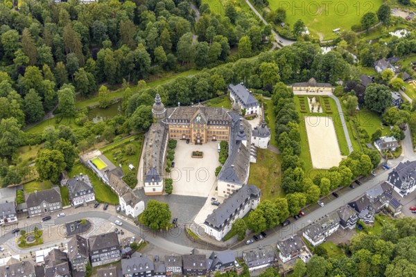 Aerial view, Schloss Berleburg, residence of the Sayn-Wittgenstein family, orangery and cross garden, water tank, Bad Berleburg, Wittgensteiner Land, North Rhine-Westphalia, Germany, aristocratic family, architecture, exterior view, trees, monument, heritage, Sayn-Wittgenstein family, gardens, building, history, green spaces, cross garden, culture, landscape, nature, orangery, panorama, park, residence, castle, sight, base, tourism, elegant, historic, majestic, traditional