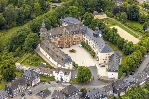 Aerial view, Schloss Berleburg, residence of the Sayn-Wittgenstein family, orangery and cross garden, Bad Berleburg, Wittgensteiner Land, North Rhine-Westphalia, Germany, nobility, architecture, exterior view, trees, monument, heritage, Europe, Sayn-Wittgenstein family, building, history, green spaces, gardens, cross garden, culture, country estate, landscape, orangery, panoramic view, parks, wealth, residence, castle, sight, summer, daylight, tourism, landmark, historic, rich in tradition