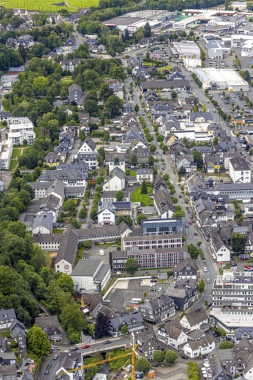 Aerial view, Johannes-Althusius-Gymnasium, local court and police station, St. Marien Church, Poststraße federal road B480, Bad Berleburg, Wittgensteiner Land, North Rhine-Westphalia, Germany, local court, architecture, education, federal road B480, village, vehicles, buildings, infrastructure, justice, landscape, aerial view, police station, Poststraße, regions, security, town, streets, traffic routes, historical, religious, urban area, public service, overview