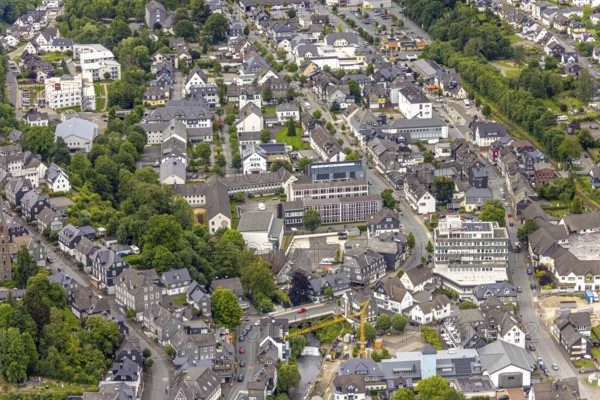 Aerial view, Johannes-Althusius-Gymnasium, district court and police station, St. Marien Church, Poststraße federal road B480, Bad Berleburg, Wittgensteiner Land, North Rhine-Westphalia, Germany, district court, architecture, federal road B480, roofs, education, buildings, courts, infrastructure, churches, landscape, aerial view, police, police station, Poststraße, region, religion, schools, security, town, streets, urban, traffic, administration, German architecture, German town, historical, overview, public space