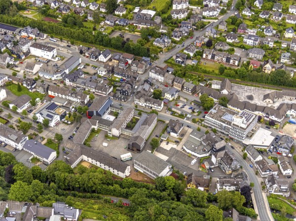 Aerial view, Johannes-Althusius-Gymnasium, district court and police station, St. Marien church, Sparkassen building, Poststraße federal road B480, Bad Berleburg, Wittgensteiner Land, North Rhine-Westphalia, Germany, district court, architecture, motorway, bank, federal road B480, building, court, infrastructure, church, complexity, landscape, aerial view, local view, police, police station, Poststraße, school, settlement, summer, town, urban development, town centre, road network, urban, traffic, public service