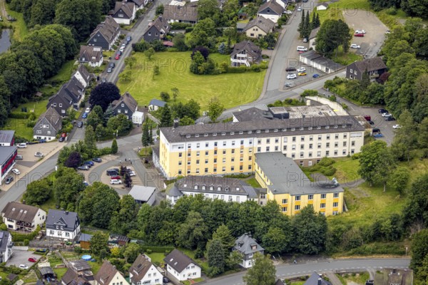 Aerial view, VAMED Klinik Bad Berleburg Hospital, Bad Berleburg, Wittgensteiner Land, North Rhine-Westphalia, Germany, arrangement, architecture, exterior, trees, roof, services, building, terrain, health care, health care system, sky, infrastructure, institution, clinic, hospital, landscape, care facility, region, summer, city, streets, day, surroundings, VAMED Klinik Bad Berleburg, supply, forest, medical