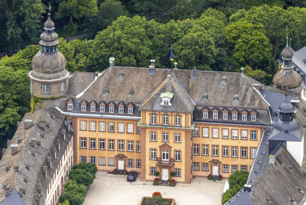 Aerial view, Schloss Berleburg, residence castle of the Sayn-Wittgenstein family, Bad Berleburg, Wittgensteiner Land, North Rhine-Westphalia, Germany, nobility, estate, architecture, exterior view, castle, monument, heritage, Europe, Sayn-Wittgenstein family, building, history, green spaces, hill, culture, landscape, panorama, region, residence, residence castle, sight, tourism, forest, historical, rural