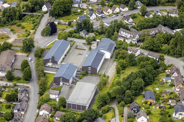 Aerial view, road traffic office and vocational college Wittgenstein, Bad Berleburg, Wittgensteiner Land, North Rhine-Westphalia, Germany, architecture, vocational college Wittgenstein, educational institution, education, office, Europe, building, high view, infrastructure, institution, small town, landscape, square, region, school, town, road traffic, road traffic office, surroundings, traffic, administration