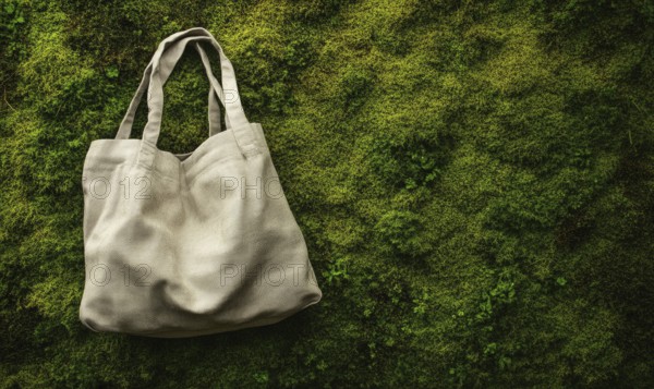A white bag is sitting on a green mossy surface. The bag is open and the handle is visible. The scene has a natural and peaceful feel to it, with the bag blending in with the surrounding environment. AI generated