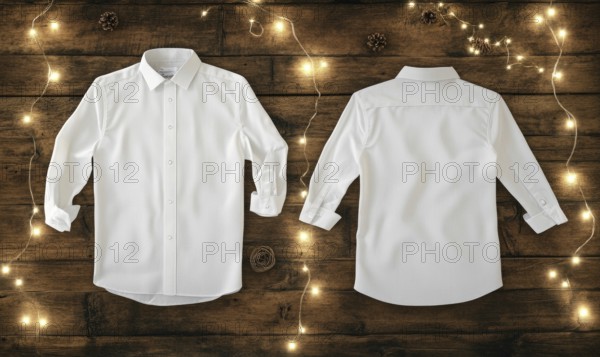 Two white shirts are displayed on a wooden surface. The shirts are hanging on a wall and are not visible. The background is decorated with Christmas lights. AI generated