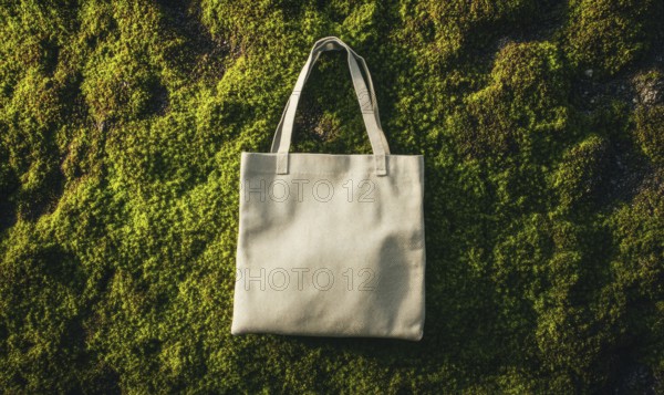 A white bag is sitting on a mossy rock. The bag is open and the moss is covering the rock. AI generated
