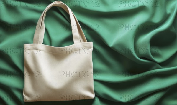 A white purse is on a green background. The purse is empty and the background is a bright green color. AI generated
