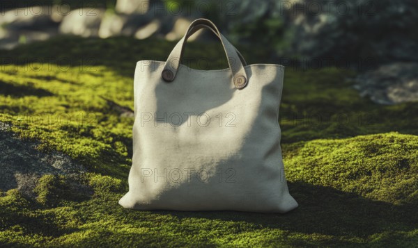 A tan purse is sitting on a mossy field. The purse is made of a soft material and has a brown handle. The scene is peaceful and serene, with the mossy field providing a natural backdrop for the purse. AI generated