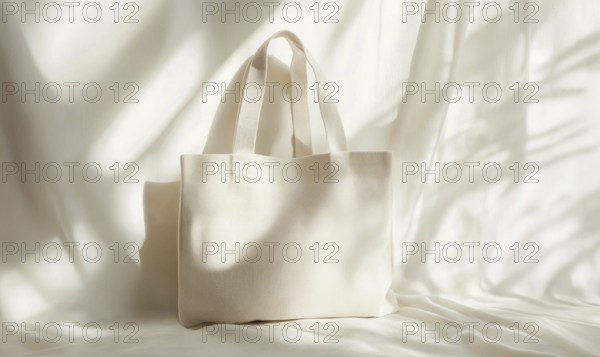 A canvas bag in soft sunlight with shadows, highlighting its creamy fabric and texture. AI generated