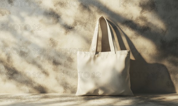 A white canvas bag is sitting on a table in front of a wall. The bag is empty and the wall is made of stone. The scene is simple and uncluttered, with the focus on the bag and the wall. AI generated
