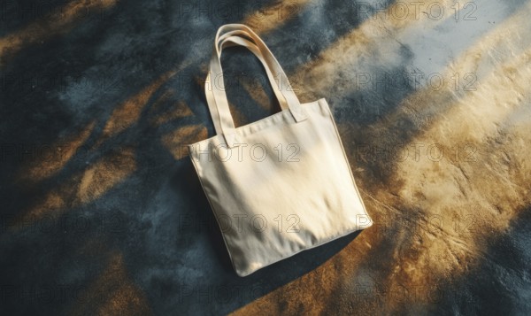 A tan canvas bag is laying on a grey surface. The bag is empty and has a simple design. AI generated
