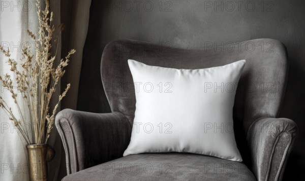 A white pillow sits on a gray chair in a room with a window. The pillow is placed on the back of the chair, and the chair is positioned in front of the window. The room has a cozy. AI generated